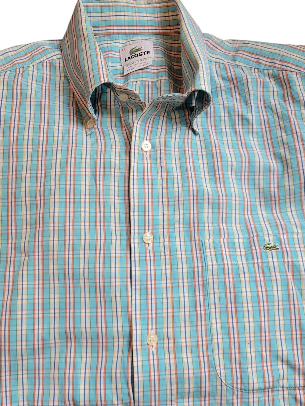 Lacoste 100% Cotton Teal Blue Yellow Plaid Button Down Long Sleeve Shirt Size L - Picture 3 of 16